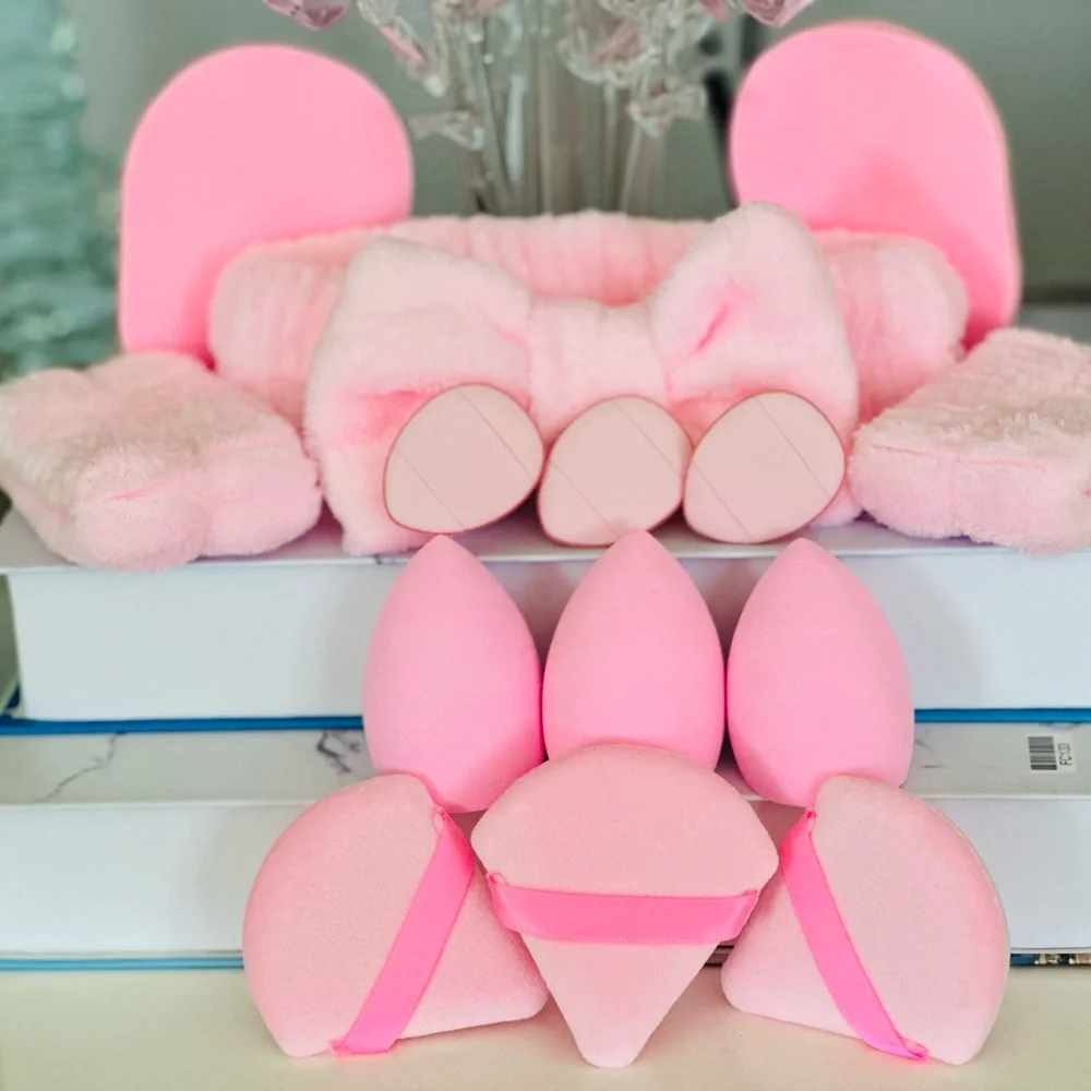 Pink Makeup Sponge and Headband Set for Women (14 pcs)